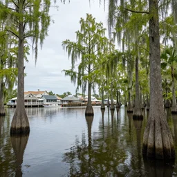 A baldcypress marsh in the bayous of Louisiana, Cajun fishing village. Trending on Artstation
