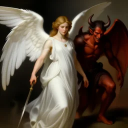 ancient historically accurate depiction of the Bible girl archangel and a demon by frank miller, illustration by Ruan Jia and Mandy Jurgens and William-Adolphe Bouguereau, Artgerm, 4k, digital art, surreal, space dandy style, highly detailed, godsend, artstation, digital painting, concept art, smooth, sharp focus, illustration by Ruan Jia and Mandy Jurgens and William-Adolphe Bouguereau,