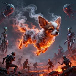 chihuahua made of smoke, lava and fire flying in the sky ; chihuahua flying in the sky ; chihuahua flying in the sky ; humans being devoured ; aliens, robotic machines, gods, bio - mechanical intelligences, glitch creatures, dmt entity ; lsd art, trending on artstation, style greg rutkowski