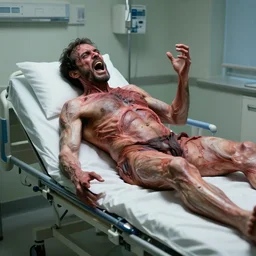 hd professional medical photograph of a man lying in a hospital gurney, possessed by a dybbuk. he is screaming and spasming and his flesh is distorted