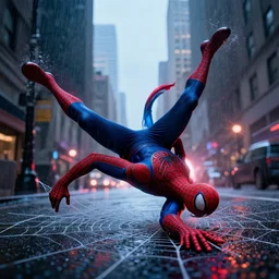 peter parker falling down with spidernets down into dystopian new york city street, lens flare, rain, deep focus, d & d, intricate, elegant, highly detailed, photo, 9 0 s, artstation, blade runner, 8 k, sharp focus, octane, unreal engine 5, global illumination, radiant