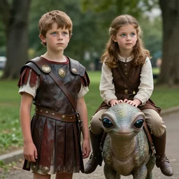 sharp, highly detailed, film from a 2 0 1 9 sci fi 8 k movie, time travelers appear in a park, a boy from the roman empire and a girl riding on the back of a small alien creature from an alternate 1 8 8 0, each wearing correct era clothes, atmospheric lighting, in focus, reflective eyes, 3 5 mm macro lens, nice composition