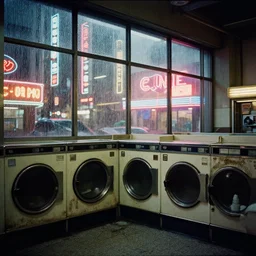 photograph 1970s laundromat, casino, neo tokyo, large glass windows, rain, neon lights, dirty, ektachrome photograph, volumetric lighting, f8 aperture, cinematic Eastman 5384 film