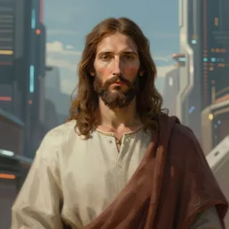 portrait of jesus in a futuristic city in the year 2 6 5 4, highly detailed, digital painting, artstation, 8 k