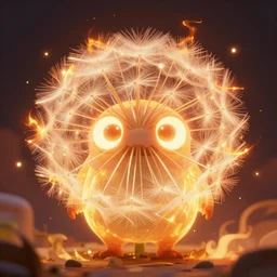 a glowing humanoid figure dandelion monster with large glowing eyes, surrounded by fiery orange, highly detailed, digital art, sharp focus, trending on art station, artichoke, anime art style