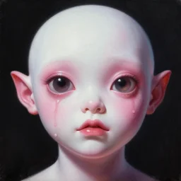a beautiful professional three quarter portrait face portrait of a white and sticky pink strange creature from the thing movie and alien movie, hight detailed painting by akira toriyama and dani diamond, greg rutkowski and ilya repin, peter mohrbacher, joseph christian leyendecker, nice studio lighting, smooth tiny details, soft and clear shadows, low contrast, fashion photograhy, perfect