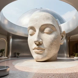 detailed face of an indian woman, travertine and stainless steel courtyard, terrazzo, tectonic sky, skydome, reactor, utopian, tech noir, wet reflections, prism, atmospheric, ambient, pj crook, syd mead, livia prima, artgerm, greg rutkowski, nick alm, casey baugh