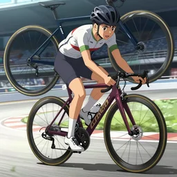 key visual of cyclist, wheels in background, majestic, by shigenori soejima, finely detailed feature, anime, racetrack, deroo, pixiv top monthly, trending on artstation, cinematic, danbooru, zerochan art, kyoto animation, studio trigger