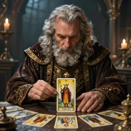 wizard doing a tarot reading, cards, fantasy, digital art, soft lighting, 8 k, highly detailed, medium close up