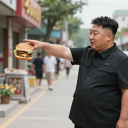 kim jong un pointing at a hamburger across the street, anatomically correct, realistic picture,