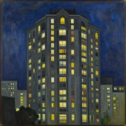 neo-rococo expressionist painting of a tall apartment building at night