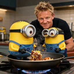 Gordon Ramsay frying minions on a pan, photorealistic