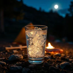 [ a cup of sparkling water ], cup of ( water and shiny crystals ), highly detailed, dusk, moon light, campsite, hdr, backlit, ( dramatic angle ) 8 k f 5 2 0 mm