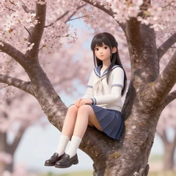 a girl sitting in a cherry blossom tree, octane render, photorealims, hyper realistic, 3 d, 8 k