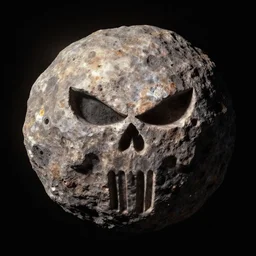 asteroid belt with big asteroid carved like the punisher symbol