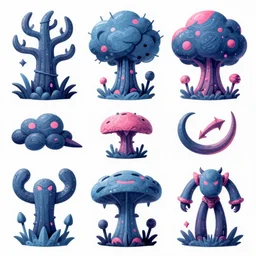 game asset of demonic plants and trees, in gouache detailed paintings, props, stylized, 2 d sprites, kitbash, arcane, overwatch, blue and pink color scheme, 8 k, close up