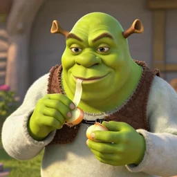 a stock photo of shrek eating an onion, 8 k, ultra - realistic