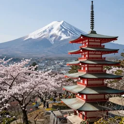 a Shinto temple in the midst of a Sakura garden, mount Fuji in the background, stunning japanese aesthetics, studio photography, highly detailed
