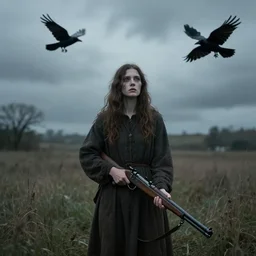 pastoral eerie. a woman has a rifle. there are ravens in the sky. folk horror. realistic