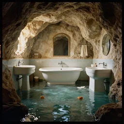kodak portra 4 0 0 photographic and realistic, interior of a bathroom in style of cave, detailed, octane render, unreal engine, 4 k, artstation, hyper realistic, wide angle, floor flooded, how a river, objects that float, 3 5 mm, sharp focus, soft light, volumetric light, in the style of gregory crewdson