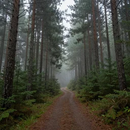 a hq beautiful digital glossy clear sharp of a detailed forest path with pine trees fog by james gurney, constrast 8 k resolution trending on artstation