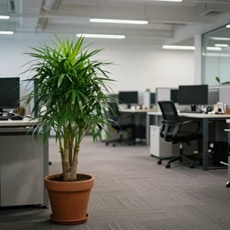 photography of a boring office interior, a potted plant, desks and computers in the background