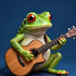 frog playing on guitar, blue background, photorealistic