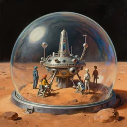 oil sci fi painting of human colony on planet mars in glass dome, octane rendering, trending on artstation, by, studio ghibli, michael whealan and james gurney