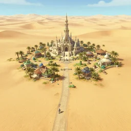 gameplay of a beautiful isolated small inhabited religious warrior village with pale colored spiritual sacred alien architecture in the lush oasis of a vast flat empty sand desert with dunes, 3 rd person action adventure rpg, screenshot, walkthrough, final fantasy, square enix, jrpg, cutscene, concept art, artstation, highly detailed, craig mullins, octane render, 8 k, unreal engine