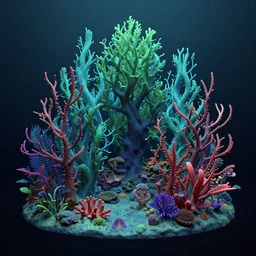 3d Render of blue green red and purple deep sea forest, grainy, noisy
