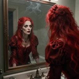 middle aged woman looks in her home's bathroom mirror to see an evil red victorian dressed woman looking back at her, supernatural, haunting, spectral effects, smoke