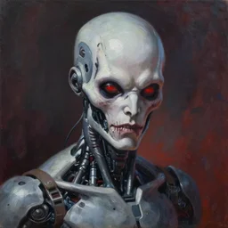 a painting of a cyborg serial killer, a character oil on canvas portrait by gerald brom and greg rutkowski, masterpiece, fantasy art, grotesque, artstation hq