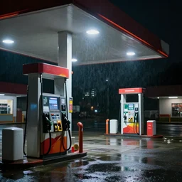 a gas station at night, it's raining, dark, 8K, ultra photoreal, ultra detailed, hyperdetailled, volumetric lightvolumetric light