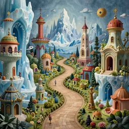 a beguiling masterpiece fantasy matte painting of an impossible path winding through arctic dream worlds with surreal architecture designed by heironymous bosch, structures inspired by heironymous bosch's garden of earthly delights, surreal ice interiors by cyril rolando and asher durand and natalie shau, insanely detailed, whimsical, intricate, sharp focus