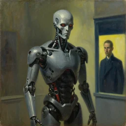 evil cyborg mastermind, human subjugation, mind control, dystopian, pj crook, edward hopper, oil on canvas