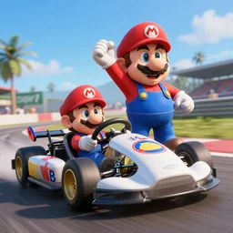 mario kart wild wiggler is next to a 1 9 5 8 aston martin dbr 1 in forza motorsport, by forza motorsport, in the style of forza motorsport ( game ), professional high quality 4 k render tight action shot heart pounding intense lighting