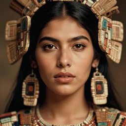 vintage portrait of a stunningly beautiful aztec female, dark eyes, dark hair, olive skin, depth of field, zeiss lens, detailed, symmetrical, centered, fashion photoshoot, by edward s curtis, Annie Leibovitz and Steve McCurry, David Lazar, Jimmy Nelsson, Breathtaking, 8k resolution, extremely detailed, beautiful, establishing shot, artistic, hyperrealistic, beautiful face, octane render