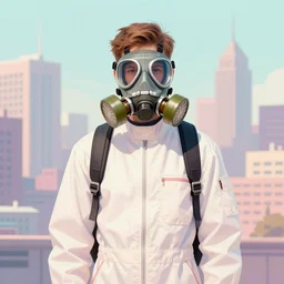 teenager wearing a boiler suit and a futuristic gas mask, city skyline in the background, pastel colours, science fiction concept art, by Jim mahfood, beautiful, trending on art station
