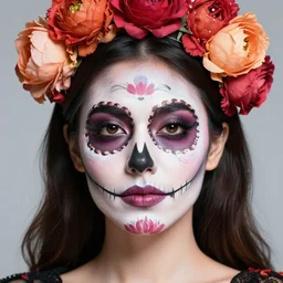 a close up portrait beautiful woman, floral headdress, flowers, dia de los muertos makeup, long flowing dark hair in retro colors, synthwave style, 2 d digital vector art