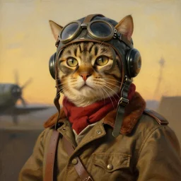 heroic cat pilot, ww 2, wearing a vintage pilot helmet and a scarf, and vvintage aviator jacket, painted by rembrandt, intricate, detailed, atmospheric lighting, golden hour.