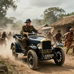 british army driving a car in 1921 in indian village, tribe members attacking, action scene, an epic fantasy, dramatic lighting, cinematic, establishing shot, extremely high detail, photorealistic, cinematic lighting, artstation, by christopher nolan, horizon forbidden west