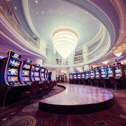 extreme wide angle curved perspective digital art of sss indoor casino with a stage pale colors by anton fadeev from nightmare before christmas