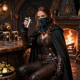 kate beckinsale weared as thief, with dark face mask, holding flask in hand, with knives in bandolier and cloak cape, dark interior, sit in dark fantasy tavern near fireplace, behind bar deck with bear mugs, lockpicks and pile of gold, medieval dnd, colorfull digital fantasy art, 4k