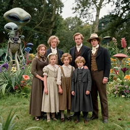 sharp, highly detailed, 36864k film, 175000mm film still from a sci fi blockbuster color movie made in 2019, set in 1860, of a family standing in a park, next to some strange alien plants and flowers, on an alien planet, the family are all wearing 1860s era clothes, good lighting, enhanced faces, 70000mm f/4.2L lens