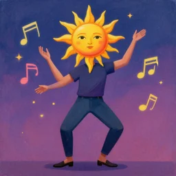 a person with a sun as head, is dancing with music! matte painting