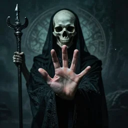 Occultist showing their hand to an ancient god represntation of death
