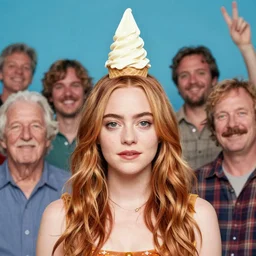 derpy looking emma stone with an upside down ice cream done on her head, epic composition, 2 0 0 mm focal length, donato giancola, tim hildebrandt, wayne barlow, bruce pennington, larry elmore