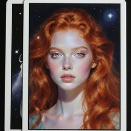 tarot card of space astral girl, red hair, ginger hair, fantasy, glowing skin, smooth face, perfect eyes