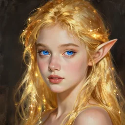 beautiful elf woman, glowing golden hair, bright blue eyes, very beautiful features, portrait, painting by alphonse muca, greg ruthowski, craig mullins, ruan jia, wlop, very beautiful and detailed, artstation, high quality
