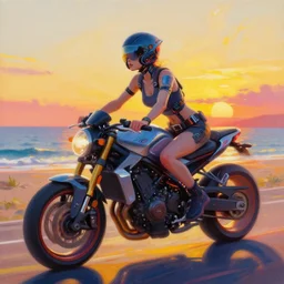 a beautiful vibrant painting of a cyberpunk woman riding a motorcycle on the beach at golden hour sunset, by greg rutkowski, jakub rozalski by beeple by dan mumford, xray melting colors!!